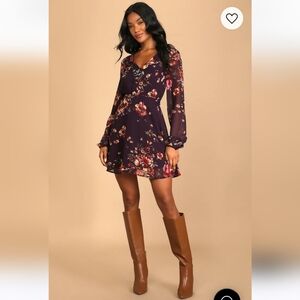 NWT Lulus Always Yours Plum Purple Floral Print Long Sleeve Skater Dress, Size L